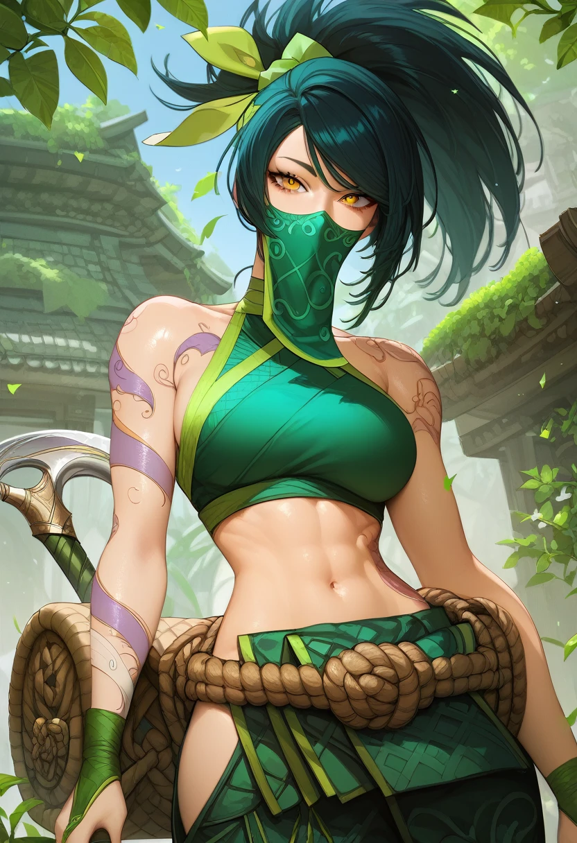 score_9, score_8_up, score_7_up, score_6_up, score_anime, masterpiece, best quality, ultra-detailed, highres, best anatomy, accurate anatomy, (large breasts), 1girl, solo female, lustful eyes, AkaliLoLXL, green mouth mask, yellow eyes, black hair, swept bangs, green ribbon, hair ribbon, long ponytail, arm tattoo, tattoo, bare shoulders, green crop top, leaf on hand, navel, rope belt, cylinder bag, hip vent, green pants, green boots, kunai, sickle, holding weapon, collarbone, looking at viewer 