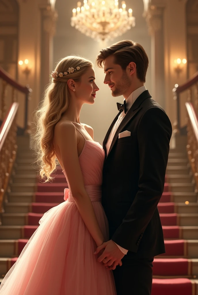A beautiful young girl of twenty years with fair complexion and blond straight long hair standing infront of a staircase wearing a light pink ball gown with thin strap on the shoulder. She has hazel eyes. She is standing infront of a handsome young boy of twenty years. The boy has fair complexion and dark brown hair with brown eyes. He has clean shaven face and wearing a black suit. They are looking at each other. They are on a ball room. They are holding each others hand keeping a distance between their bodies