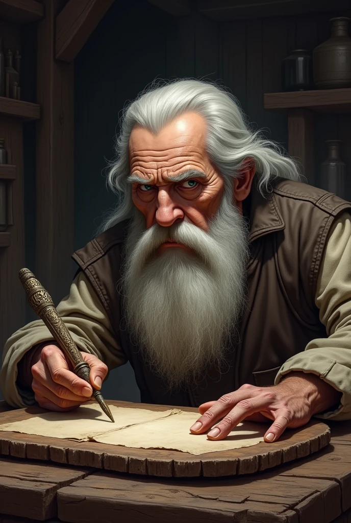 Elderly Zacharias writing on a wooden plate with an ancient pen