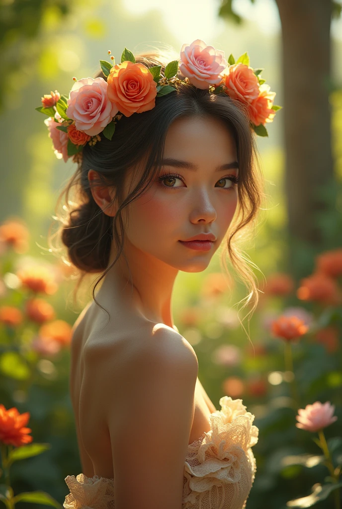 a beautiful detailed girl in a garden, 1girl, detailed face, beautiful eyes, beautiful lips, detailed realistic skin, detailed flower crown, vibrant colors, sun rays, dappled lighting, cinematic lighting, photorealistic, 8k, highres, best quality, masterpiece, professional, detailed naked body, small boobs, no pussy hair, looks young, Full body shot, no clothes or underwear/bras on,
