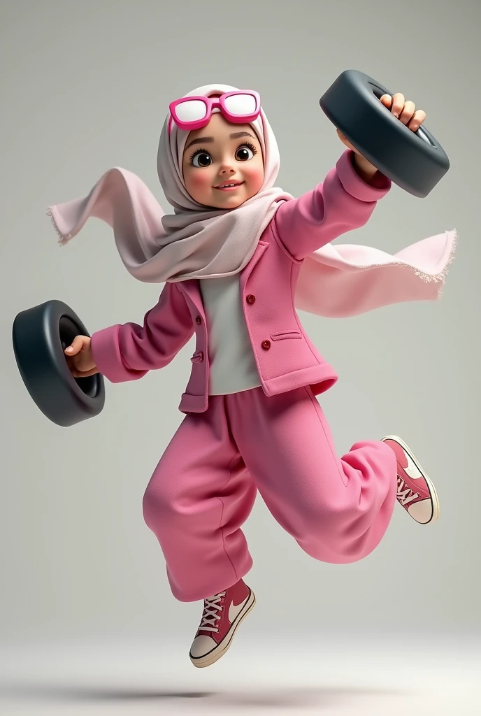 Hijab Muslim. Wear pink white. Pink google spectacle on head. Very cute. . Jump on and have a super strong power. One hand lifting the 50kg dumbbell 