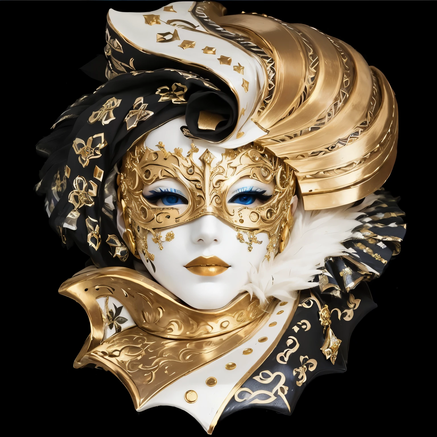 a close up of a Maske with a gold and white design, venetian Maske, ornate Maske, carnival Maske, vega Maske, golden Maske, black pulcinella masquerade Maske, detailed Maske, black pulcinella Maske, intricate Maske, maskiert, gold Maske, masquerade Maske, detailed face with Maske, wearing a bejeweled Maske, domino Maske, Maske