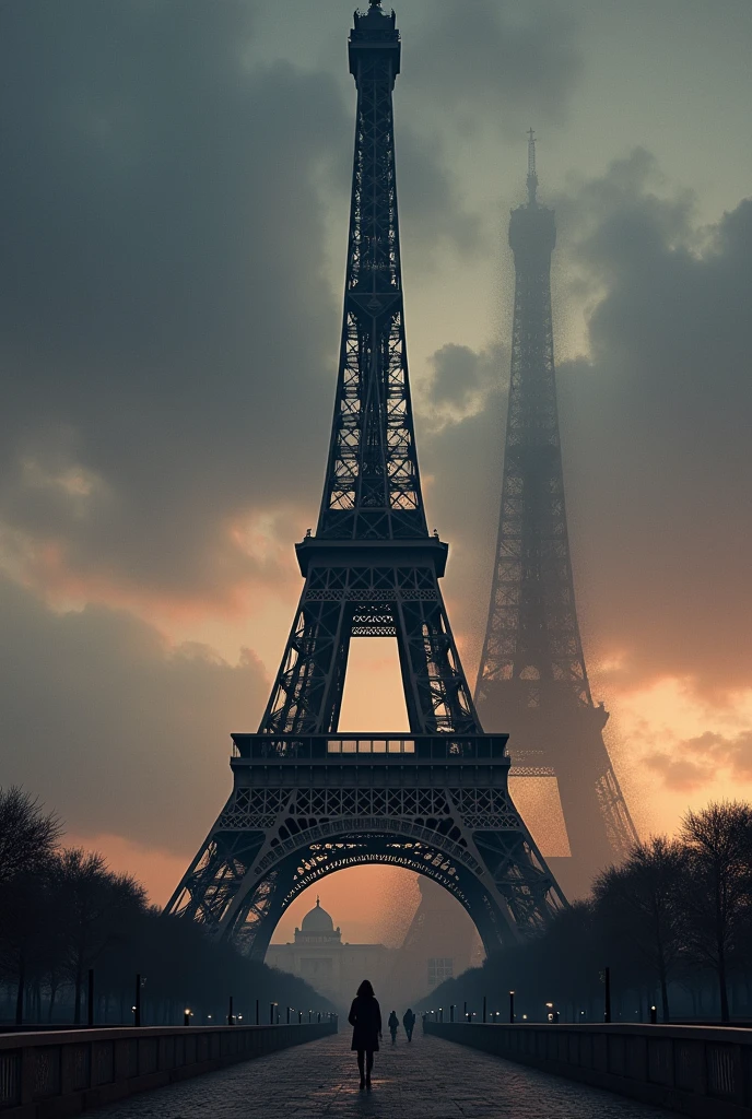 "Create an image of the Eiffel Tower with a dramatic, historical atmosphere. Show the Eiffel Tower prominently in the foreground, but add a ghostly, semi-transparent replica of a second, incomplete or crude version of the Eiffel Tower in the background, slightly faded. The setting should be dusk or early evening, with the sky tinged in muted colors, giving a mysterious and somewhat eerie mood. The surrounding cityscape should be dimly lit, with a subtle hint of old Paris architecture. Make the image evoke curiosity and a sense of hidden history."