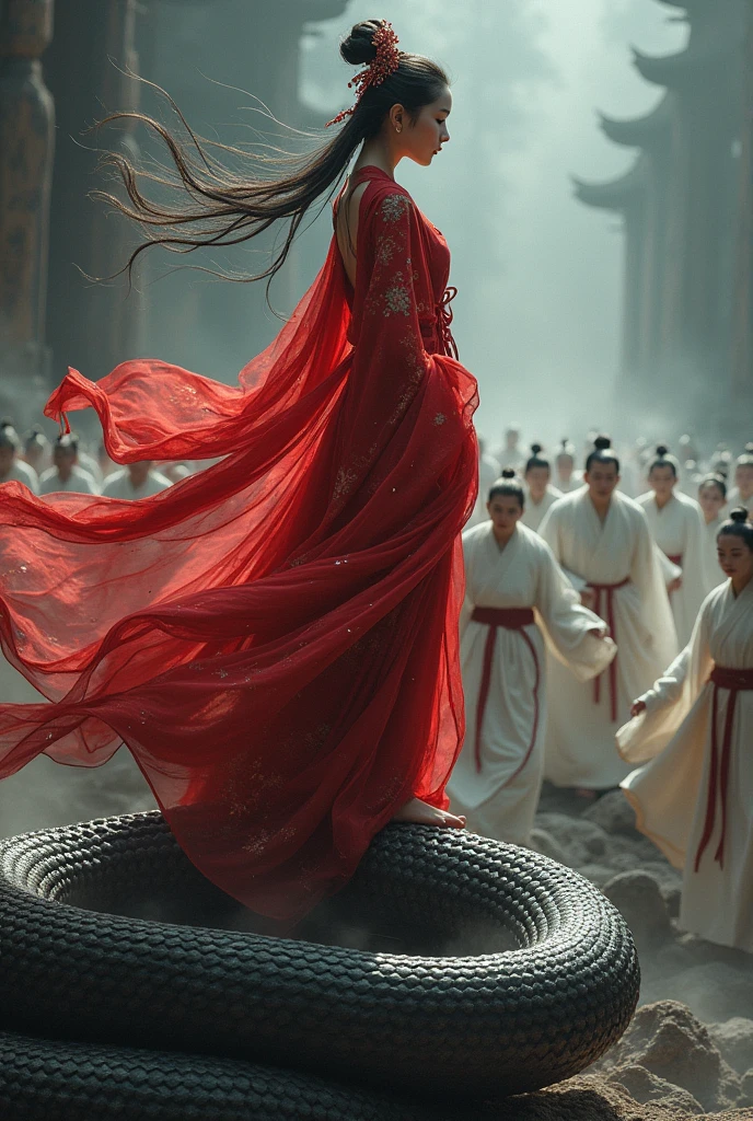 A beautiful ancient Chinese girl，Wearing a red period costume，Standing on the dark snake，Fighting a group of immortal cultivators in white