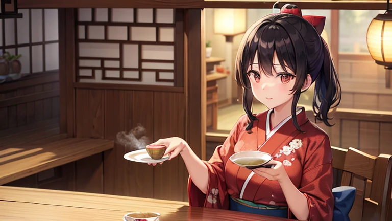 A part-time worker wearing a kimono、Please draw an illustration of tea being served at a tea shop.。The woman puts a teacup on a tray.、Serve tea to customers with care。In the background is the interior of a traditional teahouse.。