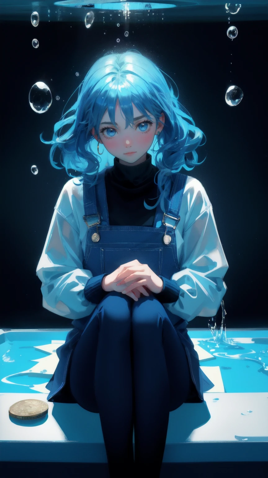 Create a scene featuring a cute girl sitting at a kitchen table, replacing the original character. The background should be dominated by a cool blue theme, with the kitchen elements blending into the blue tones. The girl, dressed in a suit, has an expression of shock and frustration as she holds her head with both hands. Surrounding her on the table are Bitcoin coins splashing in a pool of water, symbolizing the chaotic nature of the situation. The expression on her face and the overall scene should reflect a humorous take on financial panic, with a blue-themed background providing a calming contrast to the chaos
