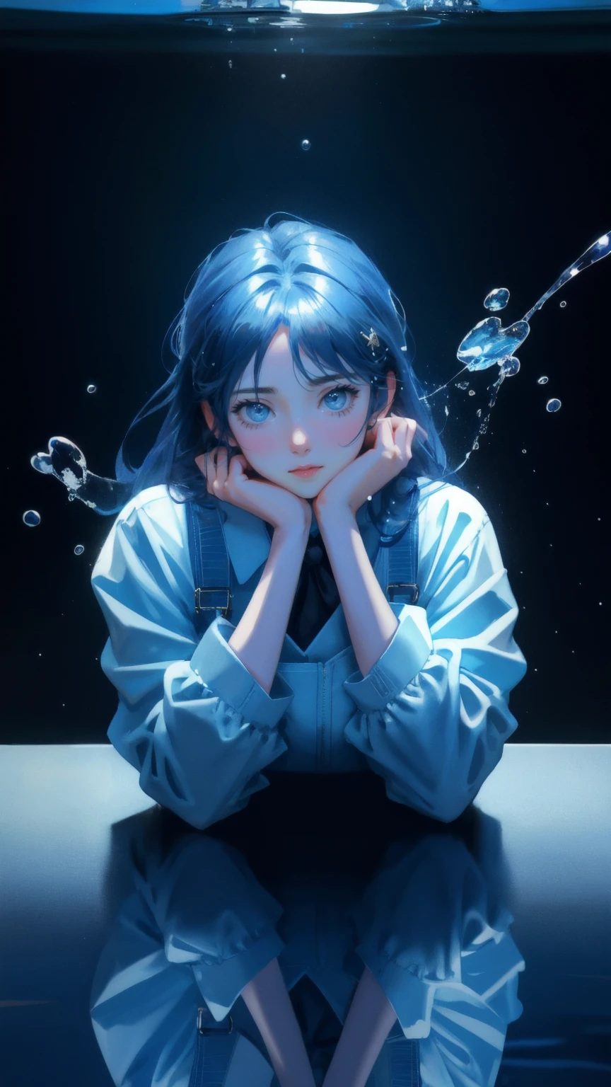 Create a scene featuring a cute girl sitting at a kitchen table, replacing the original character. The background should be dominated by a cool blue theme, with the kitchen elements blending into the blue tones. The girl, dressed in a suit, has an expression of shock and frustration as she holds her head with both hands. Surrounding her on the table are Bitcoin coins splashing in a pool of water, symbolizing the chaotic nature of the situation. The expression on her face and the overall scene should reflect a humorous take on financial panic, with a blue-themed background providing a calming contrast to the chaos