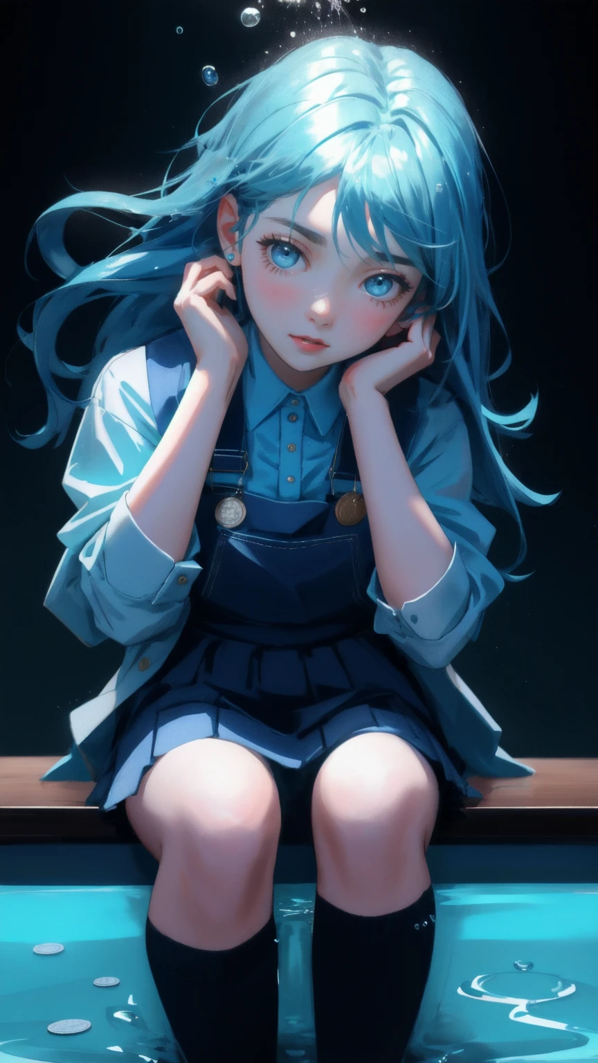 Create a scene featuring a cute girl sitting at a kitchen table, replacing the original character. The background should be dominated by a cool blue theme, with the kitchen elements blending into the blue tones. The girl, dressed in a suit, has an expression of shock and frustration as she holds her head with both hands. Surrounding her on the table are Bitcoin coins splashing in a pool of water, symbolizing the chaotic nature of the situation. The expression on her face and the overall scene should reflect a humorous take on financial panic, with a blue-themed background providing a calming contrast to the chaos