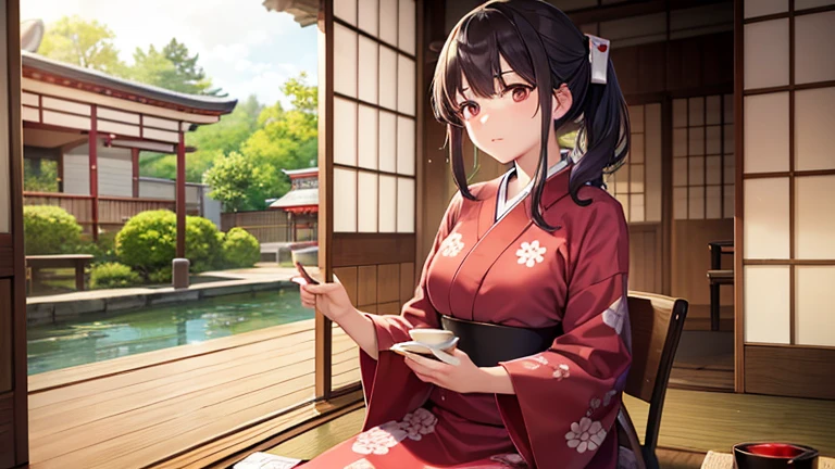 A part-time woman in a kimono working at a teahouse、Please draw an illustration of tea ceremony utensils being arranged.。The woman has a concentrated expression、Preparing to make tea。The background features bamboo fences and tatami floors.、There is a calm atmosphere。