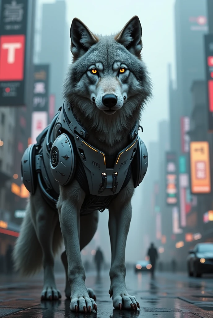 (photorealism:1.2), A grey wolf with grey robocop costume in cyberpunk