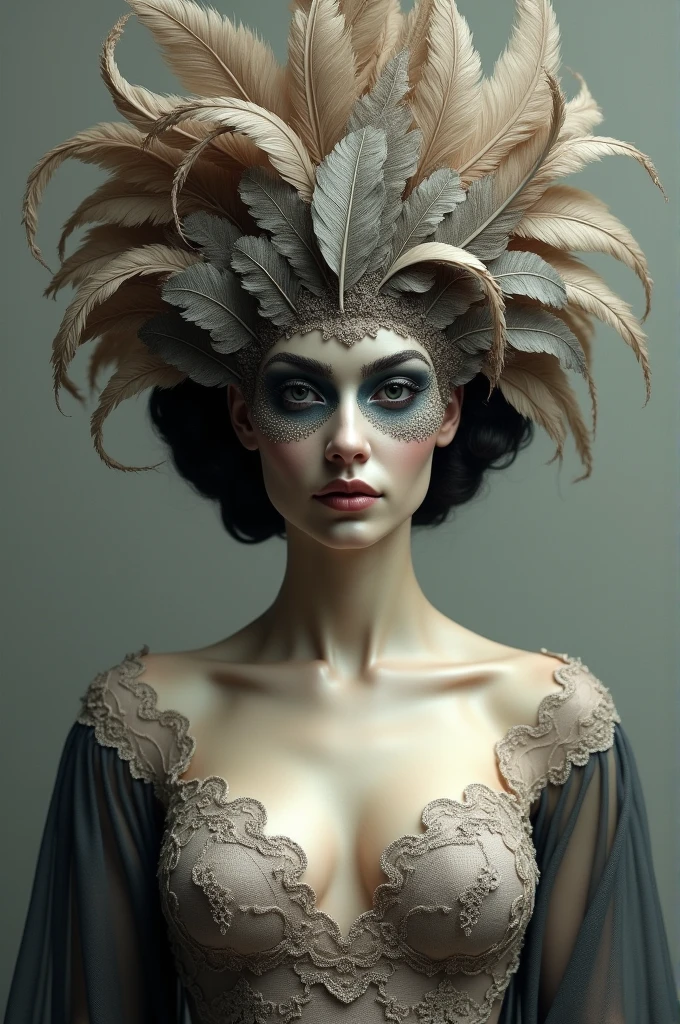 Bust of a woman with a mask,head lapped with feathers and breasts covered with shiny lace