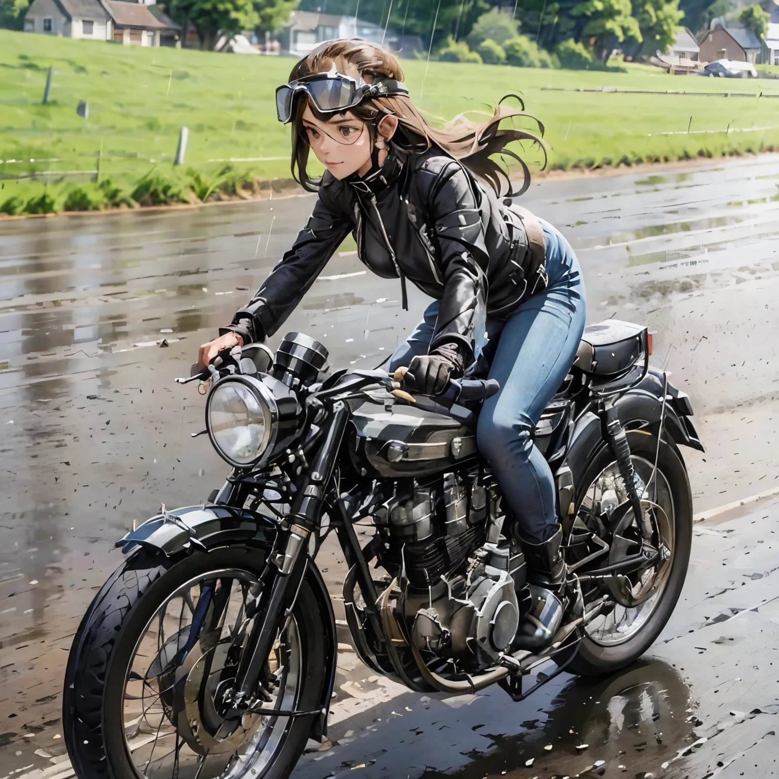 (A young female rider speeds along on a motorcycle)、(Leaning forward:1.2)、Vintage Bikes、Bluff Superior SS100、Isle of Man Races、Leather jumper、Cromwell helmet with goggles、After the Rain、English countryside、(Highest quality, masterpiece, High resolution)、8k、wallpaper