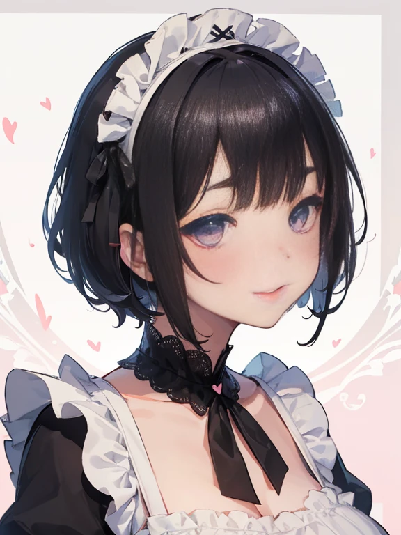 1 Female、Black short hair、Short Bob、Long Bangs、Maid-inspired swimsuit、Chiffon and lace、raffle shoulder, Big fluffy ribbon、Headdress、Apron-like front、detailed face,big heart eyes, thin eyebrows, moist lups, half opened mouth, kissing lips, perfect proportion, smiling full of compassion, close up shot, blushed