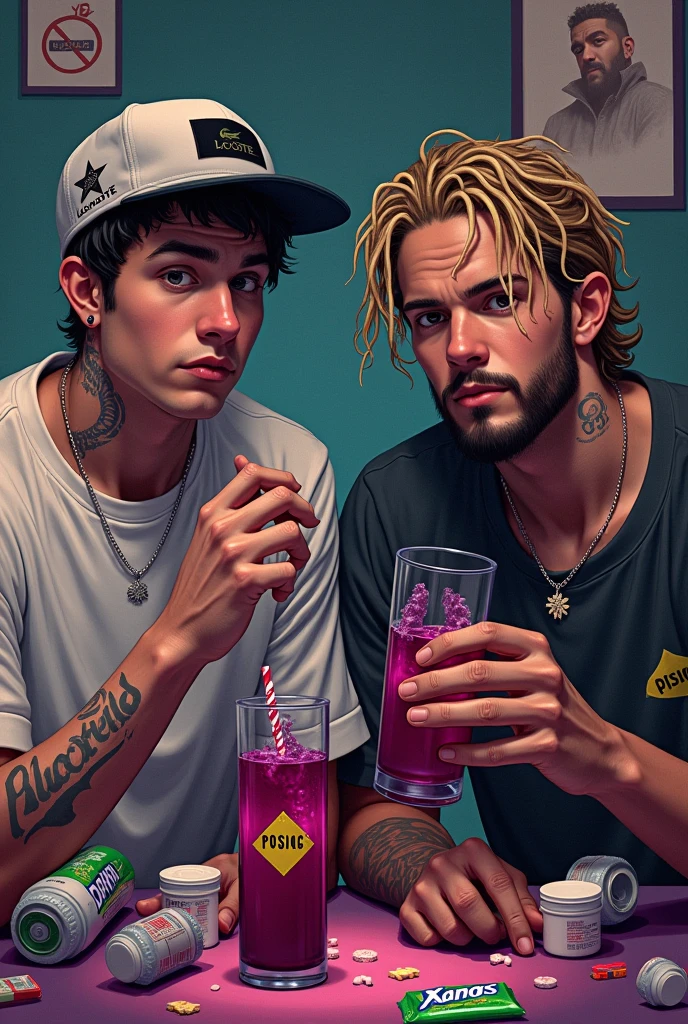 two young men, one with short hair and a cap backwards, with tattoos on the face, na face, Uma estrela, wearing lacoste and another with a black beard and blond hair, light colors, close to white, curly, big teats, below the shoulder, with goatee braids. Both drinking glasses of blackcurrant juice, and a poison symbol on the bottles. With sprite bottles thrown around. And Xanax bars and medicine bottles