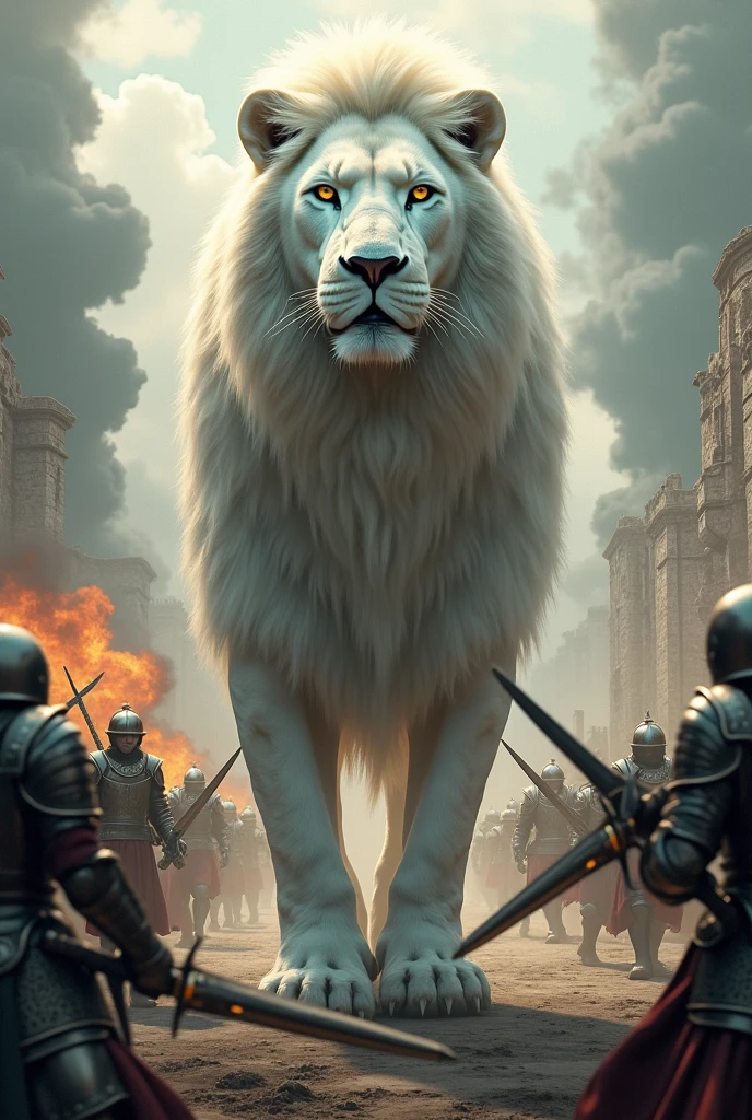 A giant white lion Highly Detailed:1.3, Full Body Center Shot, Realistic, Photorealistic, 8k, Hyper Detailed, Intricate, Ornate, Masterpiece, Dramatic Lighting, Cinematic, Epic, Gritty, Moody, Chiaroscuro, Dark, Gloomy, Ominous, Medieval Soldiers, Armor, Weapons, War, Battle, Explosion, Fire, Smoke, Destruction, Weathered, Aged, Ancient, (Bemake a hyper realistic illustration of the megatrust earthquake disaster which resulted in a tsunami as high as 10 meter. Quality, 4k, 8k, High Res, Masterpiece:1.2), Ultra Detailed, (Realistic, Photorealistic, Photorealistic:1.37), HDR, UHD, Studio Lighting, Ultra Fine Painting, Sharp Focus, Physically Based Rendering, Extreme Detail Description, Professional, Vivid Colors, Bokeh