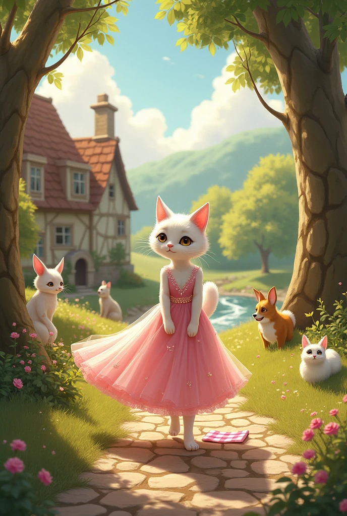 In a quaint little village, nestled amidst rolling hills and whispering forests, there was a white cat named Lily. From afar, you could see her gliding down the cobblestone path, her fur as pure and white as freshly fallen snow, almost glowing in the sunlight. But what truly caught your eye was the dress she wore—a delicate pink gown that shimmered like a dream, catching the light with every graceful step she took.As you followed Lily through the village, you noticed the way her dress swayed gently with her movements, a trail of glittering gemstones sparkling as she walked. It was as if she were part of the sunlit scenery, a beautiful creature that belonged perfectly in this idyllic setting.Lily seemed to be heading somewhere special, and curiosity led you to follow her. Soon, she reached the edge of the forest, where she paused, her blue eyes scanning the trees as if looking for someone. From the shadows of the woods, her friends appeared one by one—a fluffy bunny with long ears and a sweet smile, a wise old owl with knowing eyes, and a playful puppy with a wagging tail that never seemed to stop. They greeted Lily warmly, and you could hear their laughter ringing through the air as they made their way to a small clearing in the heart of the forest. This spot was like a hidden paradise, where the trees formed a protective canopy overhead, and the ground was soft with green grass. A gentle brook flowed nearby, its waters glinting in the afternoon sun..They greeted Lily warmly, and you could hear their laughter ringing through the air as they made their way to a small clearing in the heart of the forest. This spot was like a hidden paradise, where the trees formed a protective canopy overhead, and the ground was soft with green grass. A gentle brook flowed nearby, its waters glinting in the afternoon sun.You watched as Lily spread out a checkered blanket, her pink dress fanning out around her like a delicate flower. Her friends settled in beside her, each bringing som