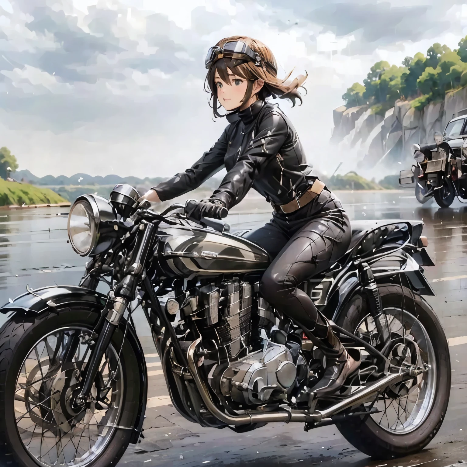 (A young female rider speeds along on a motorcycle)、(Leaning forward:1.2)、Vintage Bikes、Bluff Superior SS100、Isle of Man Races、Leather jumper、Cromwell helmet with goggles、After the Rain、English countryside、(Highest quality, masterpiece, High resolution)、8k、wallpaper