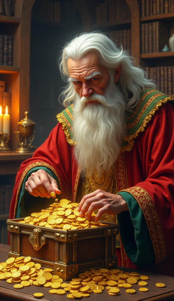 An elderly wizard with long white hair and beard, wearing ornate red and gold robes, counting golden coins from an overflowing treasure chest. Medieval study interior with bookshelves, candles, and magical artifacts. Rich, warm lighting. Hyper-detailed digital painting in fantasy style. Cinematic composition focusing on the character's stern expression and the gleaming gold coins.