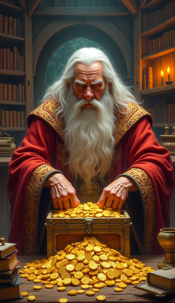 An elderly wizard with long white hair and beard, wearing ornate red and gold robes, counting golden coins from an overflowing treasure chest. Medieval study interior with bookshelves, candles, and magical artifacts. Rich, warm lighting. Hyper-detailed digital painting in fantasy style. Cinematic composition focusing on the character's stern expression and the gleaming gold coins.