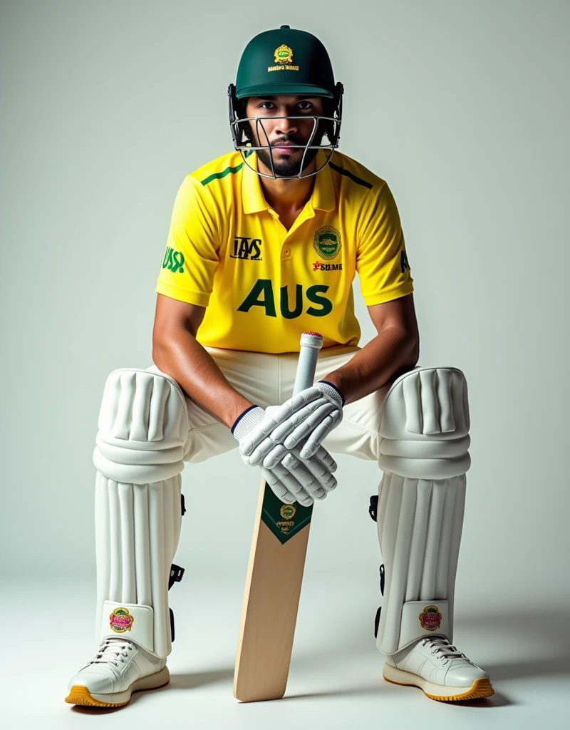Give me a yellow jersey with AUS written on it. The cricket player is wearing white sneakers and a helmet. He holds a cricket bat on his knees and looks towards the camera in preparation.,顶光drop shadow, anaglyph, stereogram, tachi-e, ass pov, atmospheric perspective, 8k, super detail, best quality