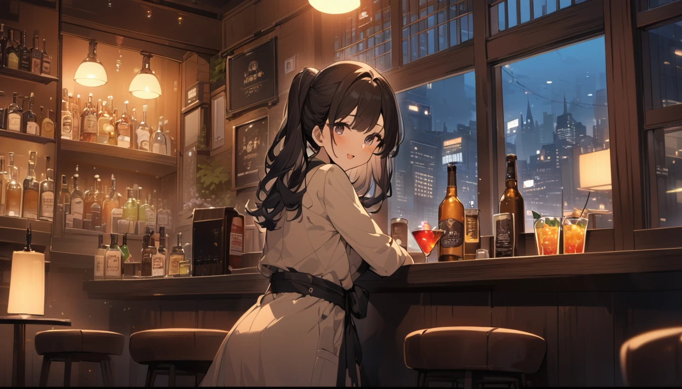 Beautiful Japanese woman in her 20s, night city outside the window, horizontal screen size,Cute,pub,cocktail,Adult atmosphere