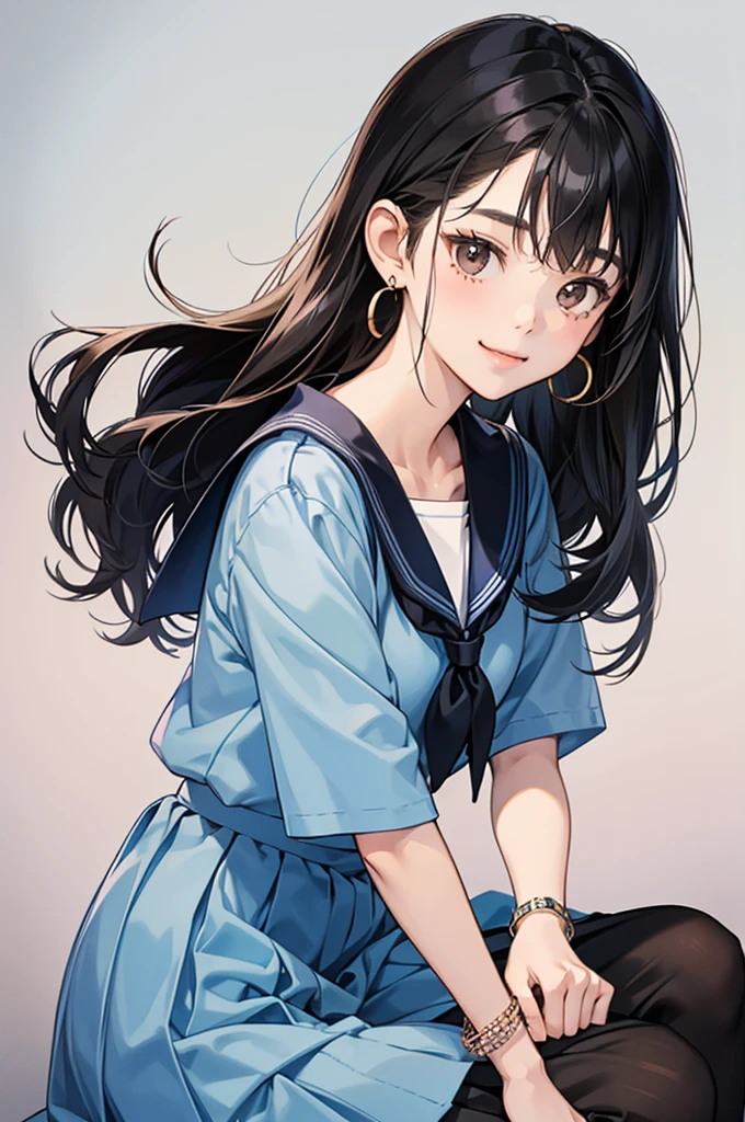 17-year-old Japanese high school girl, long straight black hair, kind brown eyes, soft round face, wearing a navy blue sailor uniform, pastel color dress for casual wear, simple earrings and thin bracelet, gentle smile
