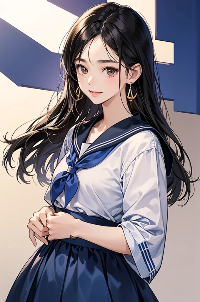 17-year-old Japanese high school girl, long straight black hair, kind brown eyes, soft round face, wearing a navy blue sailor uniform, pastel color dress for casual wear, simple earrings and thin bracelet, gentle smile
