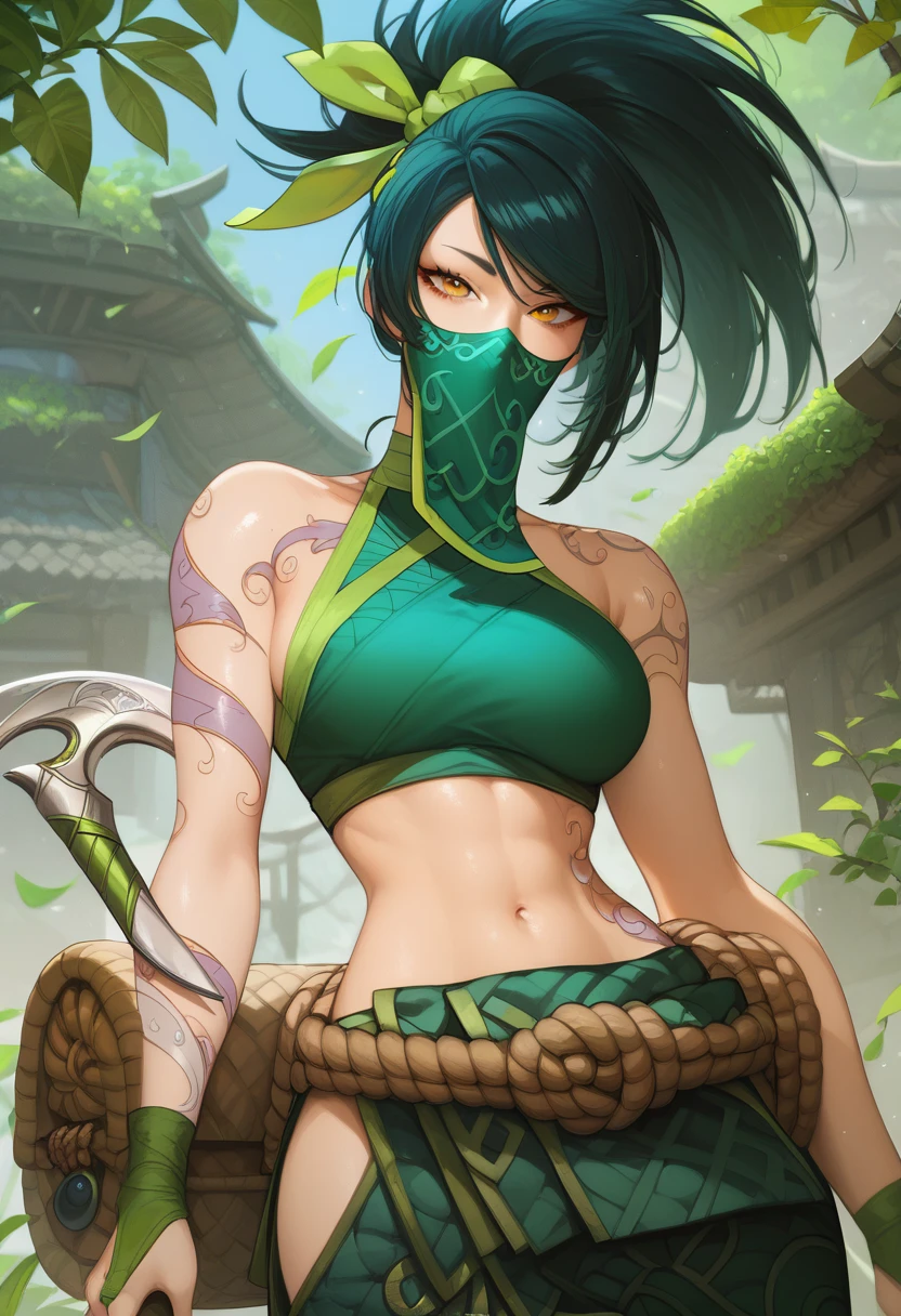 score_9, score_8_up, score_7_up, score_6_up, score_anime, masterpiece, best quality, ultra-detailed, highres, best anatomy, accurate anatomy, (large breasts), 1girl, solo female, lustful eyes, AkaliLoLXL, green mouth mask, yellow eyes, black hair, swept bangs, green ribbon, hair ribbon, long ponytail, arm tattoo, tattoo, bare shoulders, green crop top, leaf on hand, navel, rope belt, cylinder bag, hip vent, green pants, green boots, kunai, sickle, holding weapon, collarbone, looking at viewer 