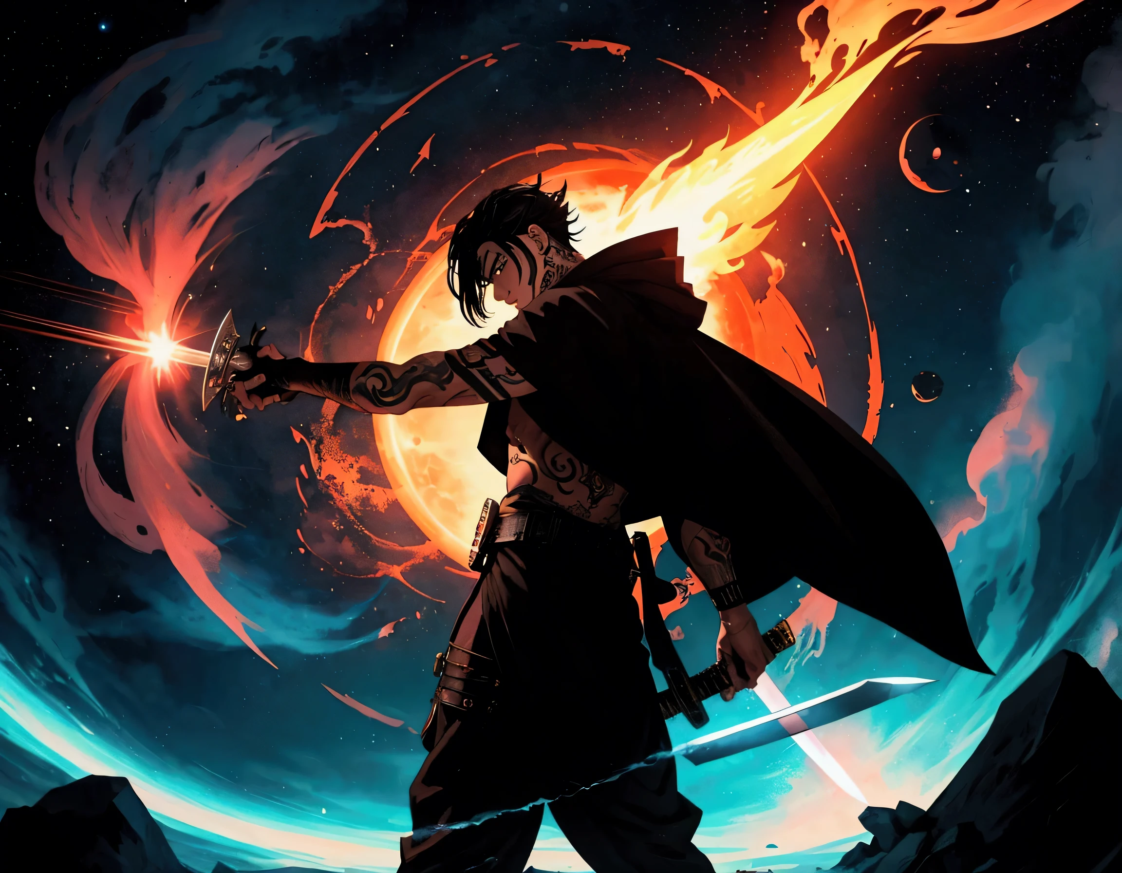 Character with tattoos with his sword in his hands on fire with a black hole in the background