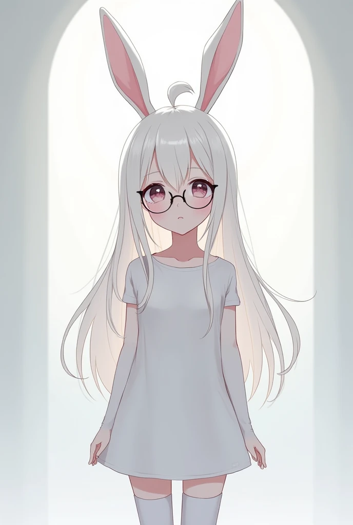 She is a girl, her hair is white, her skin color is albino and her shirt with white sleeves is white, she wears long white rabbit ears on her head and on her face she wears glasses, she wears a short white skirt over white pants and long white gloves and she is anime