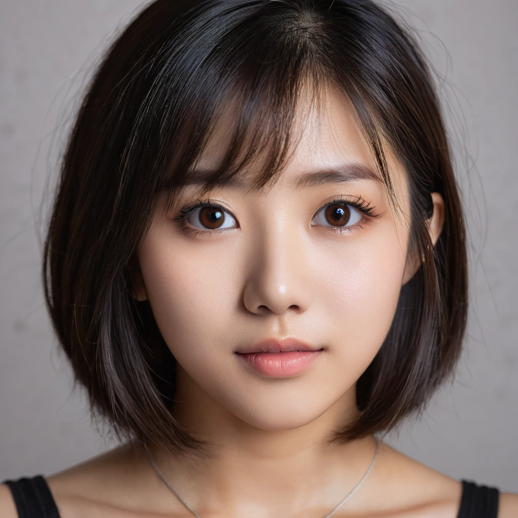 Aoi, photo of female, age 15 year, perfect circle brown pupils, small eyes, wide mouth, black shoulder length hair with brown highlights, big breasts; (rim lighting, studio lighting, dslr, ultra quality, film grain, Fujifilm XT3, crystal clear, 8K UHD, highly detailed glossy eyes, high detailed skin, skin pores);