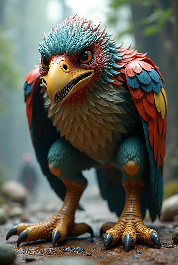Very big bird, with big paws with many toes, the small beak with many teeth and eyes and feathers of many colors.