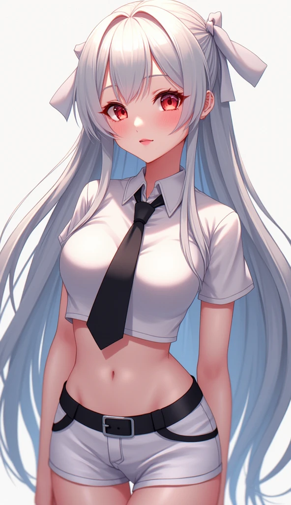 anime girl with long white hair, red eyes, white ribbon on the back of her head, wearing a short collared shirt, black tie, white black short skirt , belly exposed , catoon , nsfw  , revealing small white pants