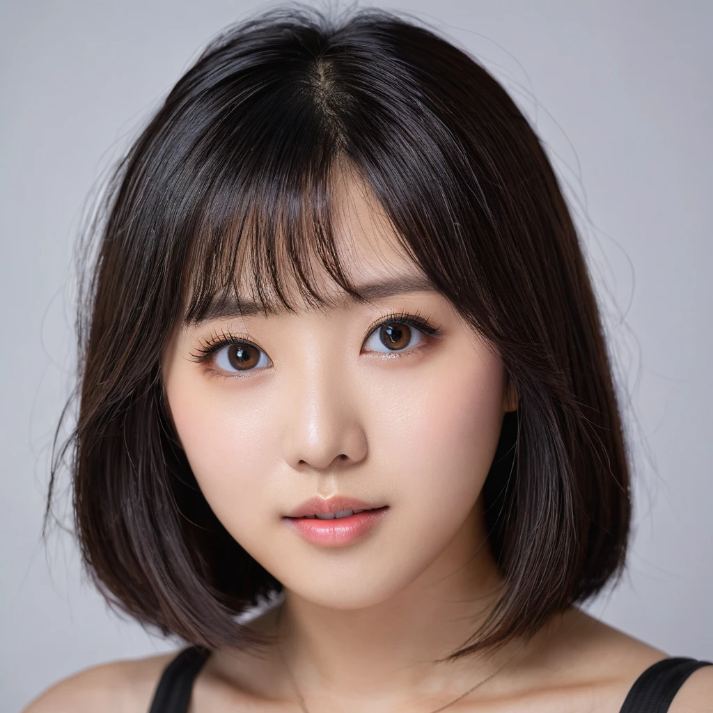 Yui, Aoi, photo of female, age 15 year, perfect circle brown pupils, small eyes, wide mouth, black shoulder length hair with brown highlights, big breasts; (rim lighting, studio lighting, dslr, ultra quality, film grain, Fujifilm XT3, crystal clear, 8K UHD, highly detailed glossy eyes, high detailed skin, skin pores);
