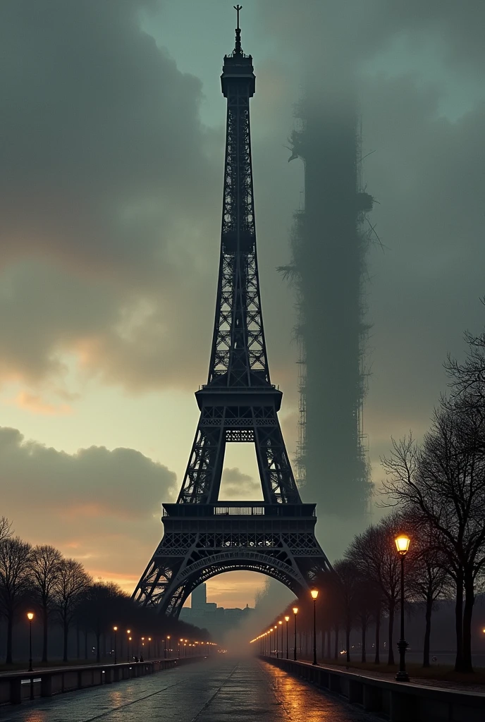 "Create an image of the Eiffel Tower with a dramatic, historical atmosphere. Show the Eiffel Tower prominently in the foreground, but add a ghostly, semi-transparent replica of a second, incomplete or crude version of the Eiffel Tower in the background, slightly faded. The setting should be dusk or early evening, with the sky tinged in muted colors, giving a mysterious and somewhat eerie mood. The surrounding cityscape should be dimly lit, with a subtle hint of old Paris architecture. Make the image evoke curiosity and a sense of hidden history."