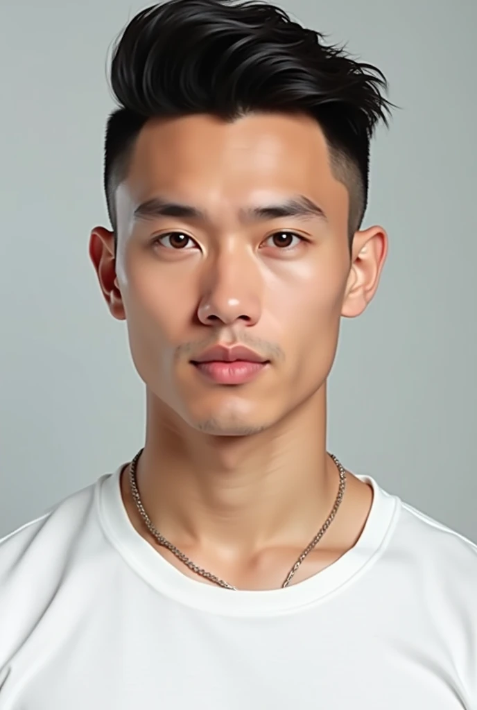 1 vietnamese men, handsome, woflcut hair, brown eyes, white t-shirt