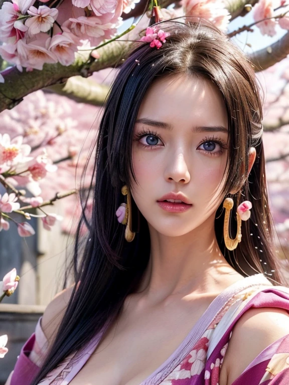 (((Boa hancock:1.1))), Realistic Beautiful Face, super cute, ((wearing a Purple Slightly Open-chested kimono, Revealing japanese clothes, short Purple yukata)), (long silky black hair, Parted bangs), ((slight smile)), Earrings, cleavage, Erotic Body, Noble, (((Cherry blossom petals floating in the wind:1.3, Lots of cherry blossoms:1.3, cherry blossom tree))), Spring scenery, Realistic texture, Realistic Skin, natural lighting, Highly detailed Face, looking at viewer, ((masterpiece, Highly detailed CG, Ultra-realistic, Best Quality, Extremely finely detailed, Ultra-high resolution))