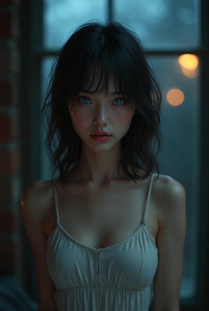 Cute eighteen year old, brunette, young, eye contact, nighttime, street lights, smiling, smile, young girl, thin legs, skinny, eighteen, sweet, closed mouth, mouth closed, slim, tiny body, 18, blonde, bright blue eyes, photo real, photorealistic, naked, nude, topless, haunted house, old house, Victorian house, spooky house, bedroom, 
