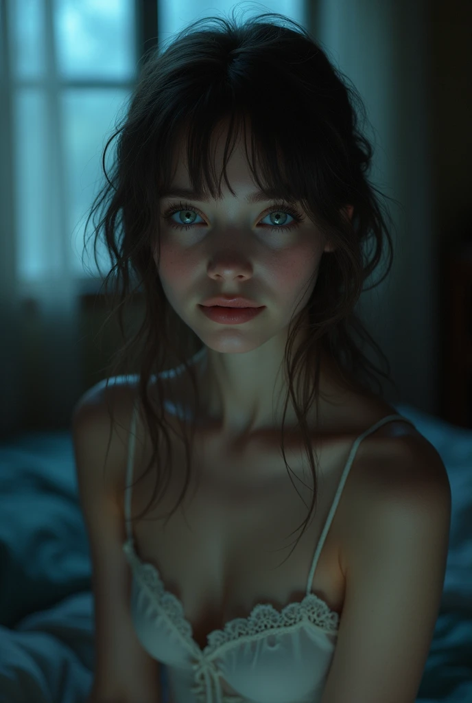 Cute eighteen year old, brunette, young, eye contact, nighttime, street lights, smiling, smile, young girl, thin legs, skinny, eighteen, sweet, closed mouth, mouth closed, slim, tiny body, 18, blonde, bright blue eyes, photo real, photorealistic, naked, nude, topless, haunted house, old house, Victorian house, spooky house, bedroom, 
