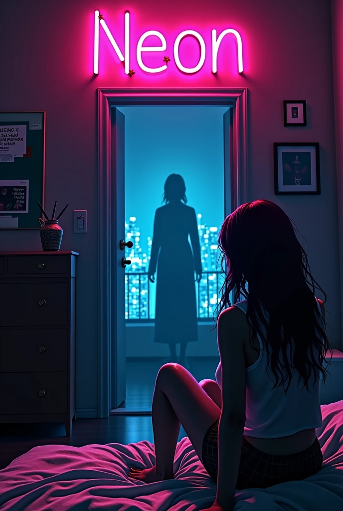 I want to draw the cover art for the new song of my band.
The song is call "NEON" and this is the idea for our the cover art:
"In the dark of the night a girl is sitting in her room and she can see in the other side of the apartment a strange silhouette that she can not understand if this is a real woman or a ghost.
In the wall of the room there is a big neon sign with the word "neon" and the ogo of the band".

The palette should be dark (primarily) and neon colours and all should be in style of golden age comic book.