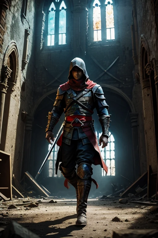 Medieval ninja warrior inside an abandoned church, fierce eyes, big color windows, apocalyptic times, fire behind him, rocks on the ground, afternoon warm light, in the style of Assassin's Creed 