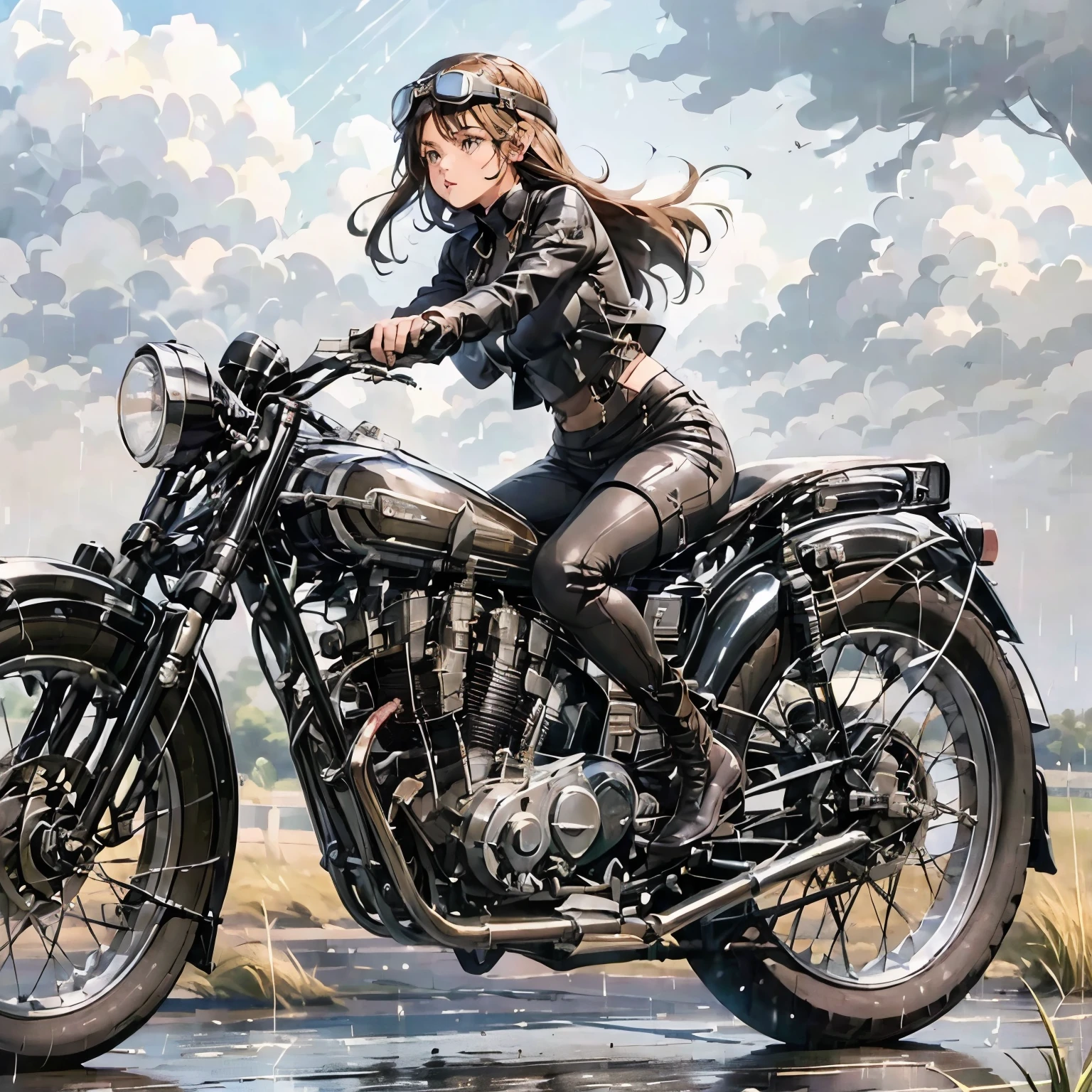 (A young female rider speeds along on a motorcycle)、(Leaning forward:1.2)、Vintage Bikes、Bluff Superior SS100、Isle of Man Races、Leather jumper、Cromwell helmet with goggles、After the Rain、English countryside、(Highest quality, masterpiece, High resolution)、8k、wallpaper