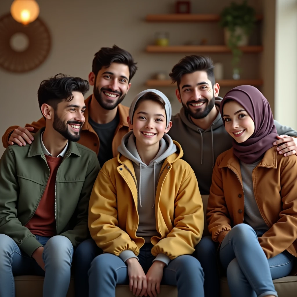 ((3 man wear jacket sitting), (2 hijabbed woman sitting), (1 hijabless teenage girl sitting)), casual fashion, happy expression, white skin people, indoor, extreme detail, masterpiece, 4k, adult 3D character, proportional, cinematic lighting