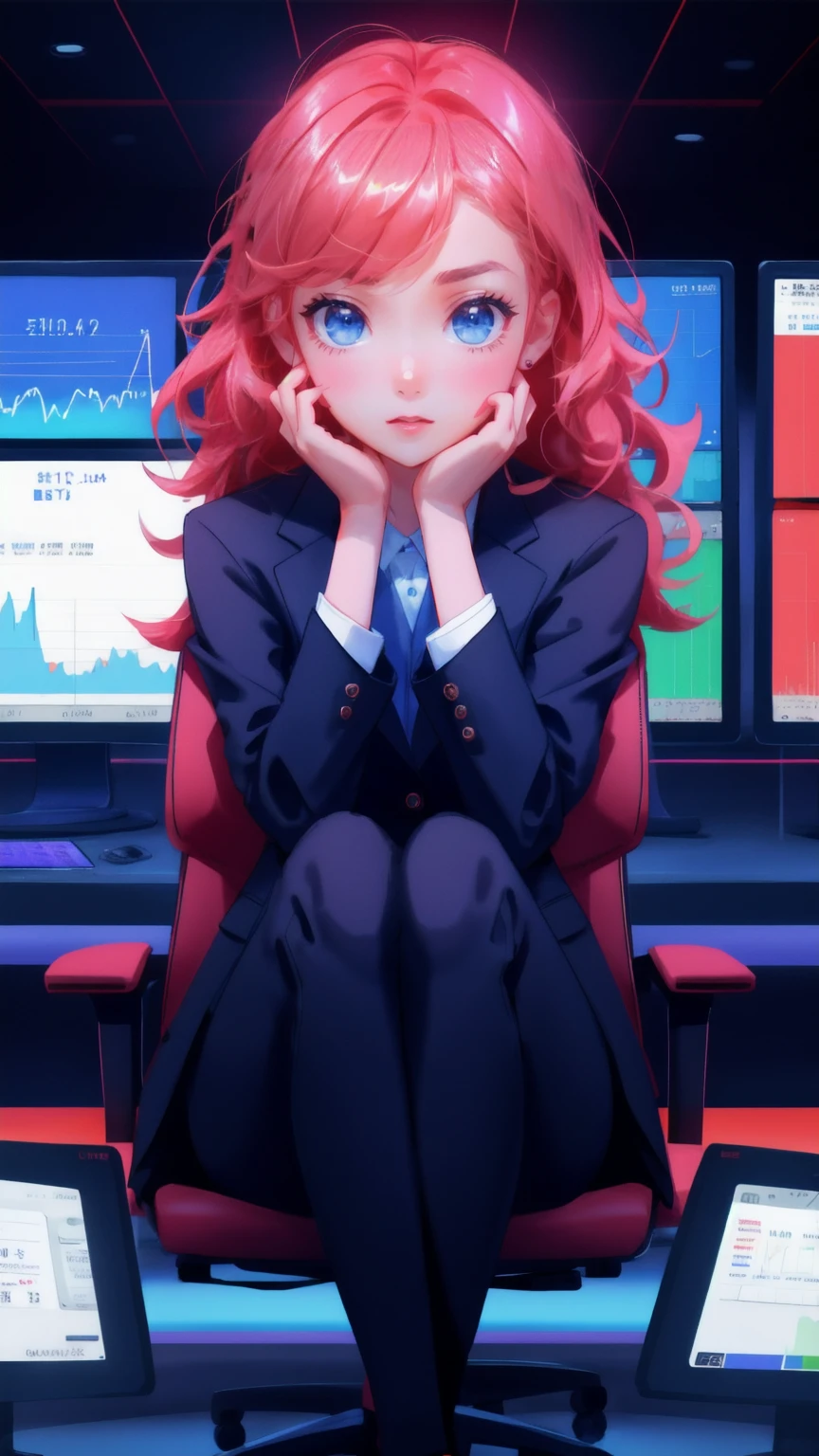 A cute girl in a business suit is sitting in front of a large computer monitor, the screen showing a dramatic price drop of Bitcoin in bright red. The girl's expression is one of panic and disbelief as she holds her hands to her face, eyes wide open. The background is a futuristic blue-toned office with digital graphs and charts in blue hues scattered around. Bitcoin coins are floating around the screen, creating a chaotic financial atmosphere