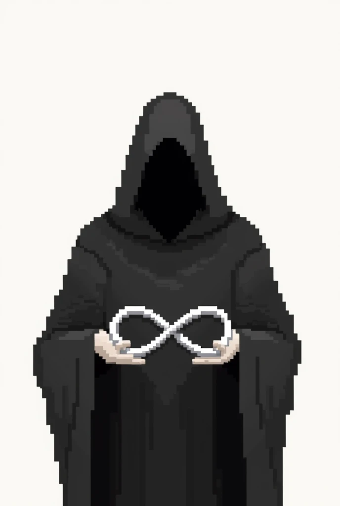 Generates death holding an infinity with his hands and with a minimalist drawing style that only shows the upper part that is black and white that is only in 2D pixelated