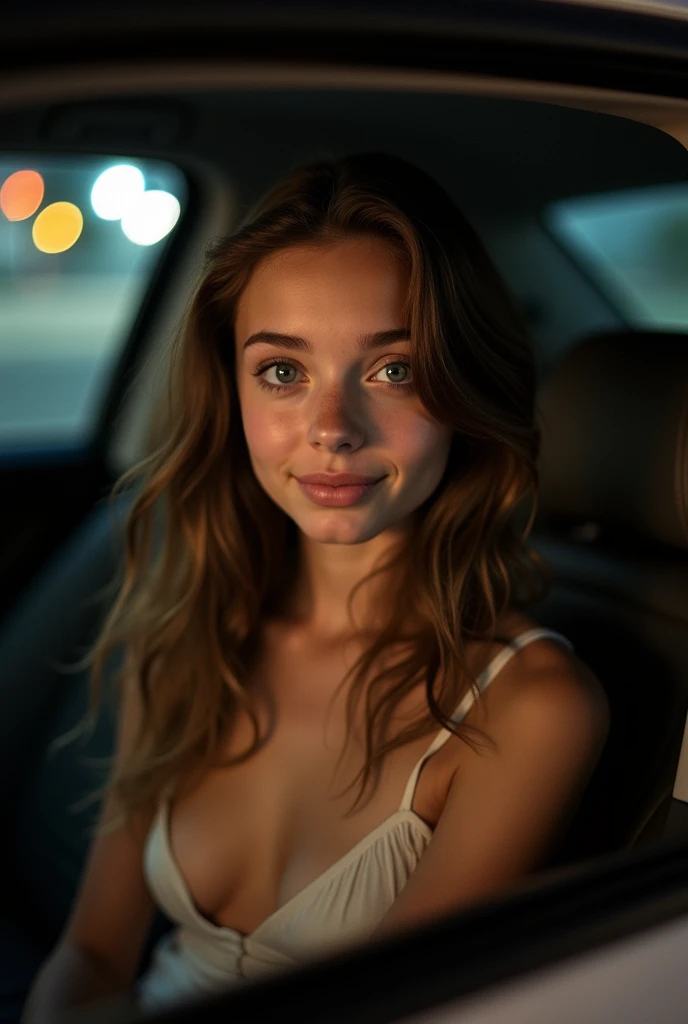 Cute eighteen year old, passenger seat of car, brunette, young, eye contact, nighttime, street lights, smiling, smile, young girl, thin legs, skinny, eighteen, sweet, closed mouth, mouth closed, slim, tiny body, 18, blonde, bright blue eyes, parked outside house, photo real, photorealistic, naked, nude, topless