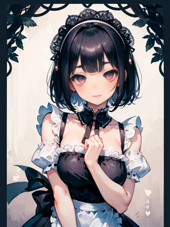 1 Female、Black short hair、Short Bob、Long Bangs、Maid-inspired swimsuit、Chiffon and lace、raffle shoulder, Big fluffy ribbon、Headdress、Apron-like front、detailed face,big heart eyes, thin eyebrows, moist lups, half opened mouth, kissing lips, perfect proportion, smiling full of compassion, close up shot, blushed