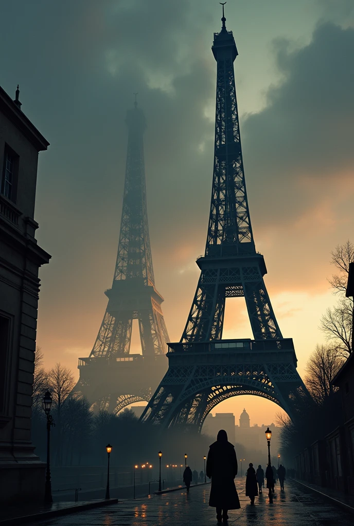 "Create an image of the Eiffel Tower with a dramatic, historical atmosphere. Show the Eiffel Tower prominently in the foreground, but add a ghostly, semi-transparent replica of a second, incomplete or crude version of the Eiffel Tower in the background, slightly faded. The setting should be dusk or early evening, with the sky tinged in muted colors, giving a mysterious and somewhat eerie mood. The surrounding cityscape should be dimly lit, with a subtle hint of old Paris architecture. Make the image evoke curiosity and a sense of hidden history."