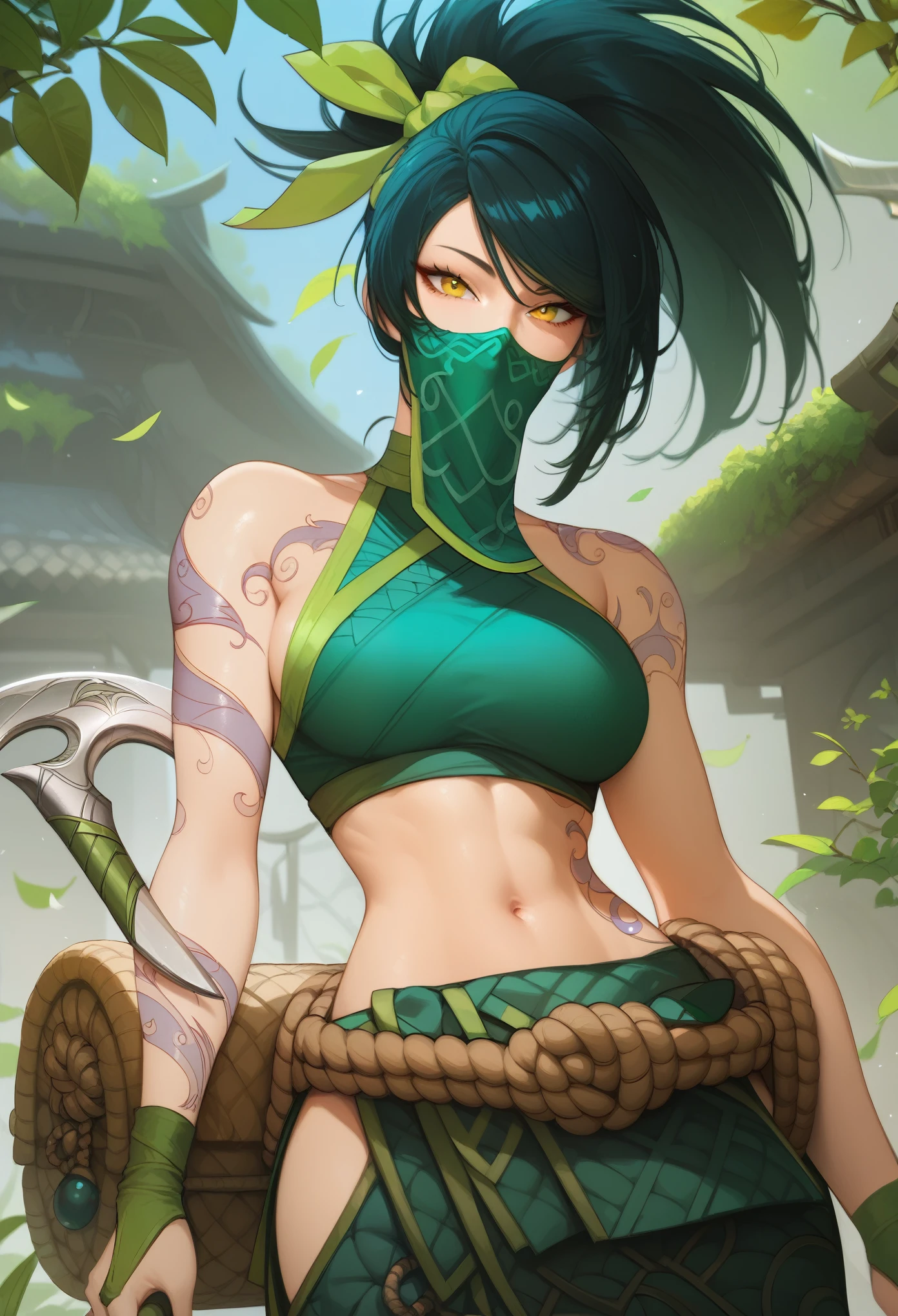 score_9, score_8_up, score_7_up, score_6_up, score_anime, masterpiece, best quality, ultra-detailed, highres, best anatomy, accurate anatomy, (large breasts), 1girl, solo female, lustful eyes, AkaliLoLXL, green mouth mask, yellow eyes, black hair, swept bangs, green ribbon, hair ribbon, long ponytail, arm tattoo, tattoo, bare shoulders, green crop top, leaf on hand, navel, rope belt, cylinder bag, hip vent, green pants, green boots, kunai, sickle, holding weapon, collarbone, looking at viewer