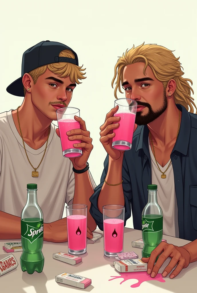 two young men, one with short hair and a cap backwards, wearing lacoste, with thin blond mustache, and another with a black goatee and blond hair, light colors, close to white, curly, big teats, below the shoulder, with braids, long hair. Both drinking glasses of pink juice, and a poison symbol on the bottles. With sprite bottles thrown around. And Xanax bars and medicine bottles